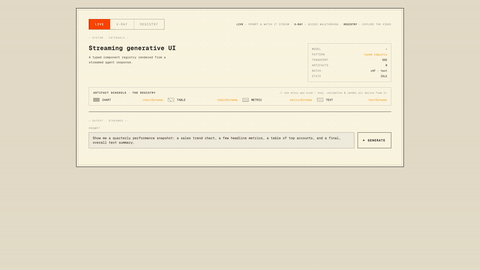 Generative UI live stream - intro text streaming in, then a bar chart drawing itself, then metrics and a table appearing as the model emits them